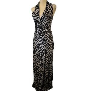 T-Bags Los Angeles Black & White Geometric Ikat Print Wrap Maxi Dress, Small